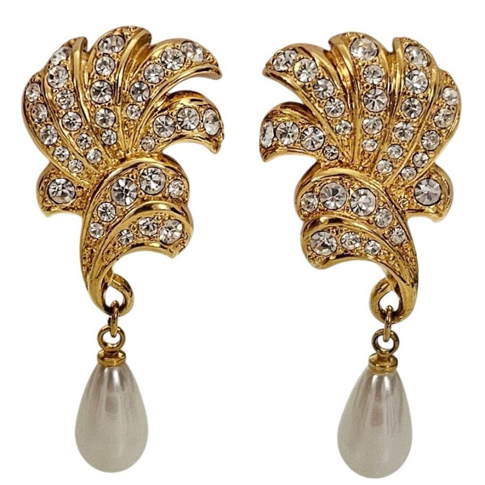 Gold Tone Clear Rhinestone Faux Pearl Drop Clip on Earrings
